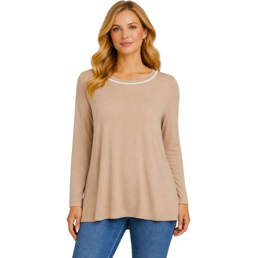 Susan Graver Modern Essentials Beige Stretch Tunic Top Large Long Sleeve EUC